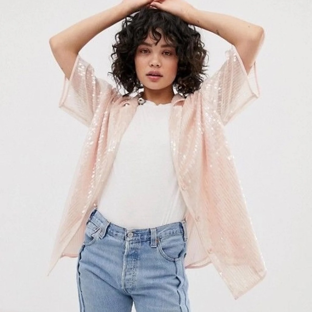 ASOS Emory Park Sequin Short Sleeve Button Down in Peach